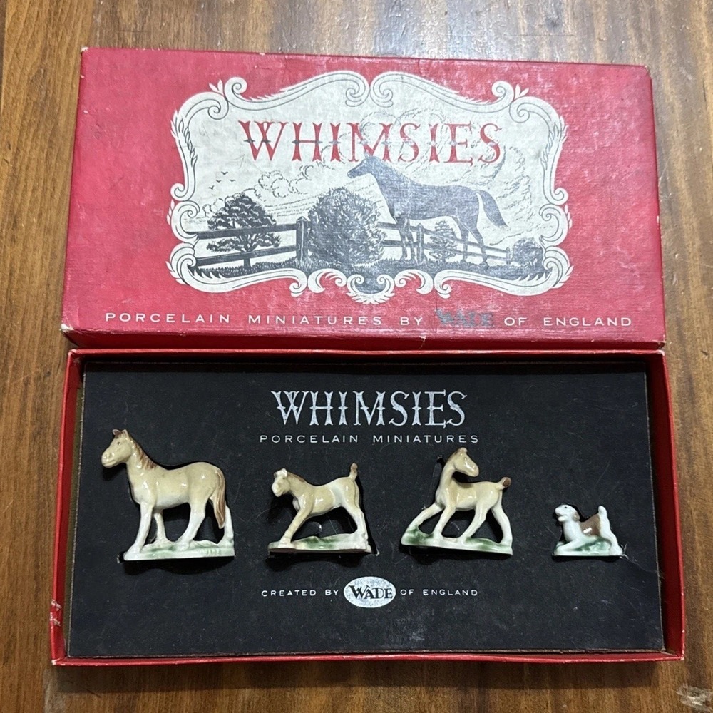 Wade First Whimsies Figurines Set 5 Box Mare Colt Foal Beagle Dog Horses 1956